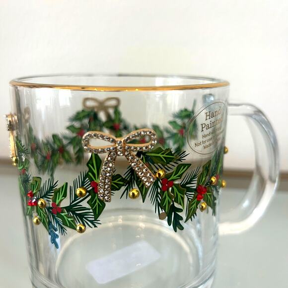 Hand Painted & Jeweled Thick Glass Mug Set of 2 Coquette Christmas Holly & Bows - Picture 9 of 16